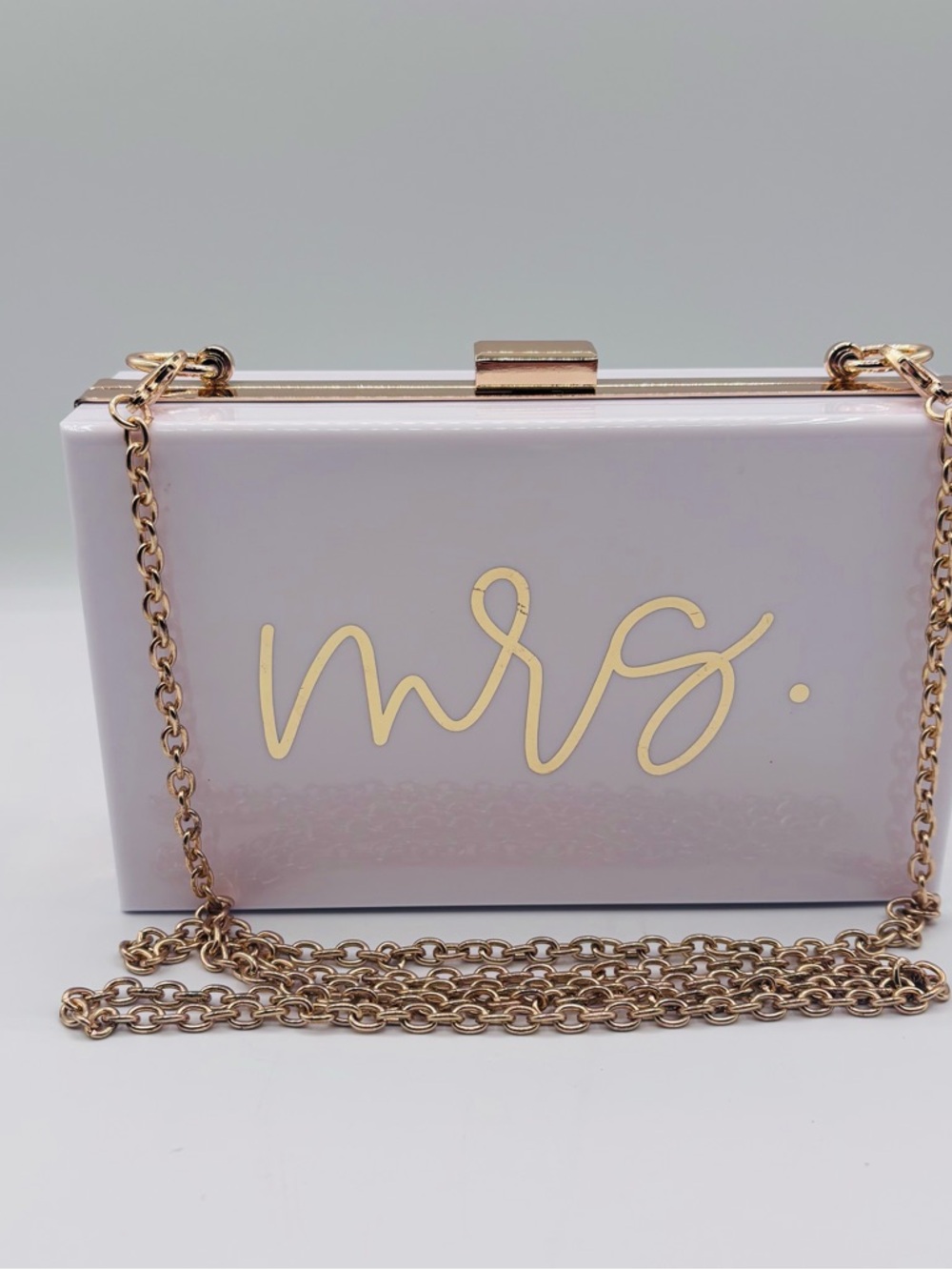 White Acrylic “Mrs.” Clutch in Gold Script & Detachable Gold Chain